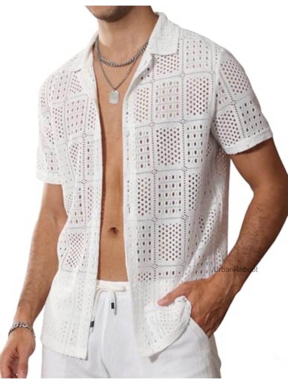 Men's Sheer Lace Shirt Hollow Out Breathable Short Sleeve Button Down Beach